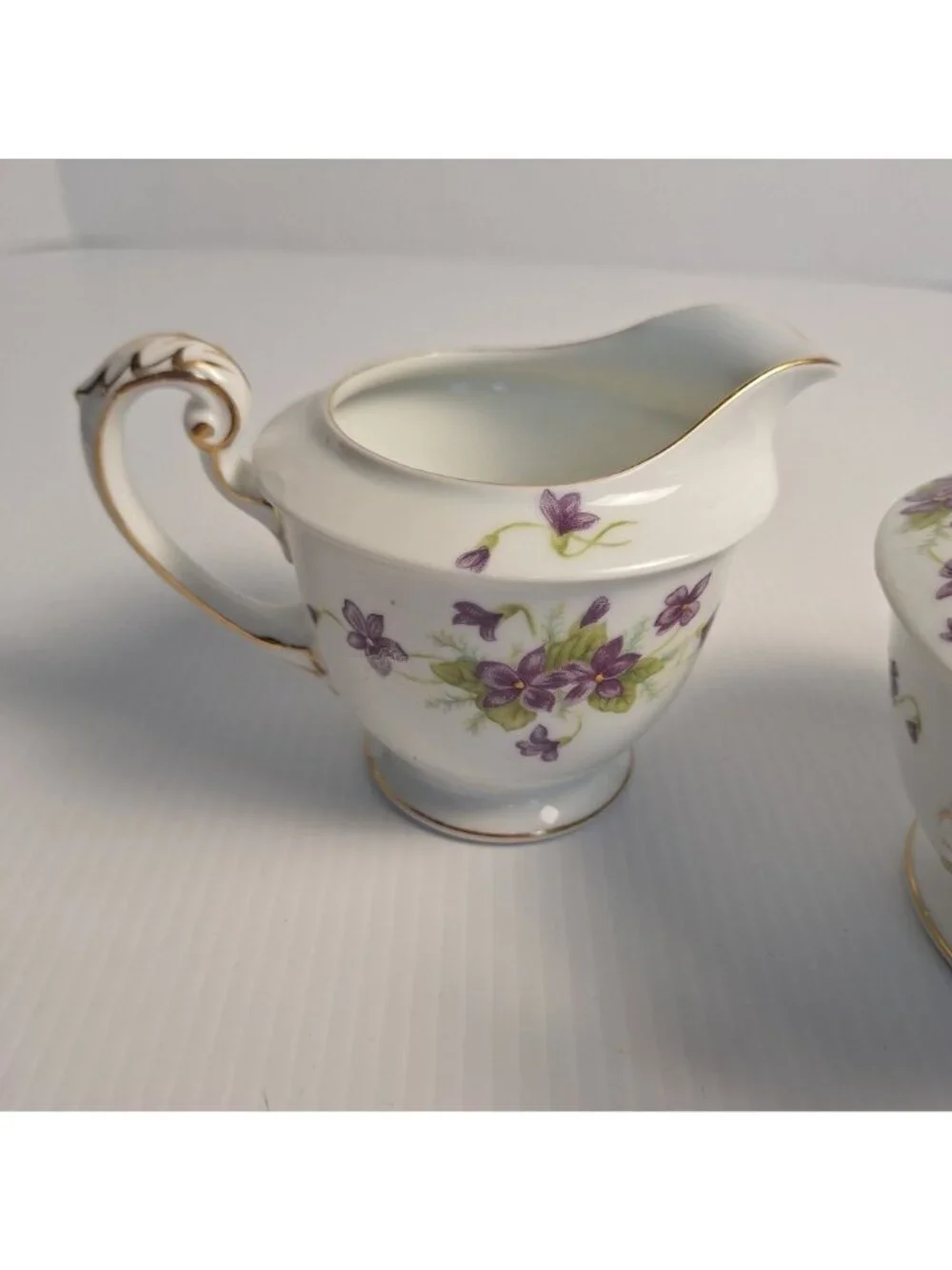WENTWORTH CHINA JAPAN PURPLE FLORAL GOLD TRIM CREAM AND LIDDED SUGAR SET VIOLA